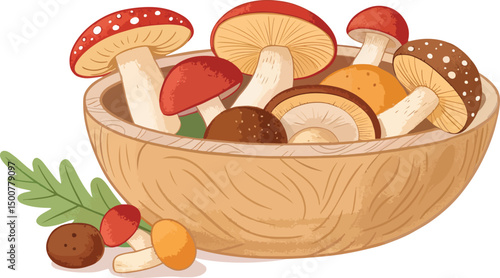 Rustic Wooden Bowl with Mushrooms White Background Vector Design