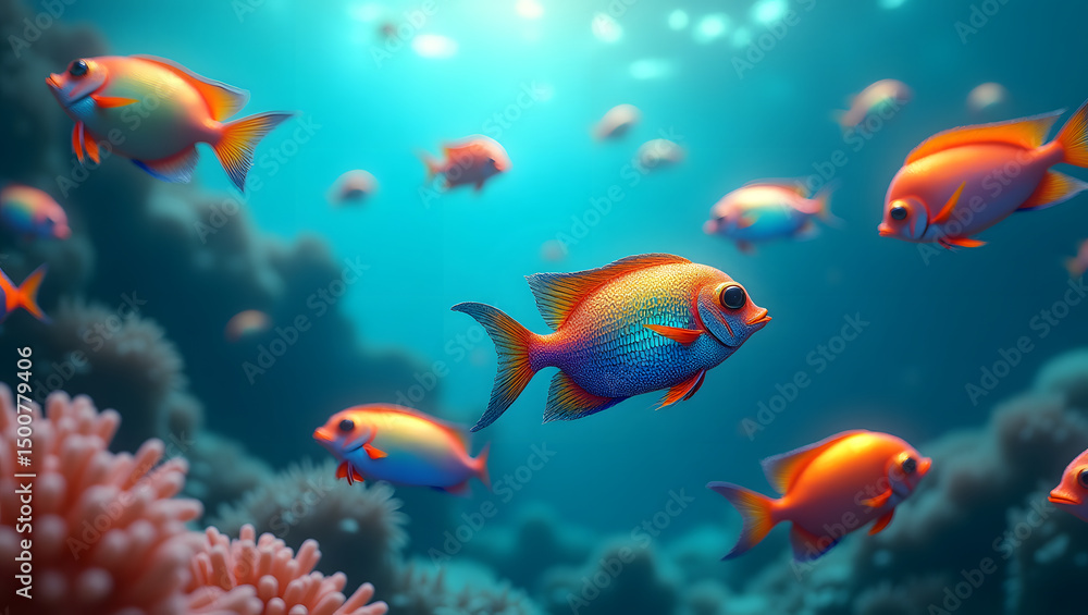 Naklejka premium Vibrant Reef Fish A Stunning Underwater Scene of Colorful Coral Reef Inhabitants