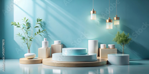 Wallpaper Mural Modern product display with plants and geometric shapes on blue Torontodigital.ca