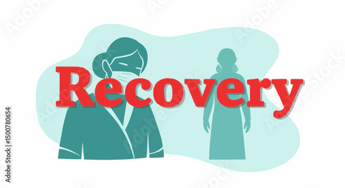 Illustrative image representing a person's recovery and nurse wearing a mask. The word "Recovery" is in red and bold lettering in the centre of the image.