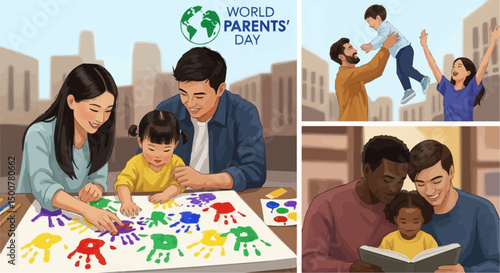 World Parents' Day illustration featuring diverse families engaging in activities, highlighting parental love and care