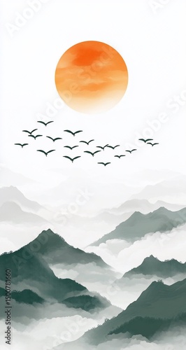Sunset Mountains with Birds Flying.