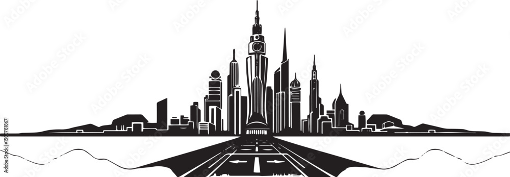 Naklejka premium Futuristic cityscape. Hand drawn vector illustration 