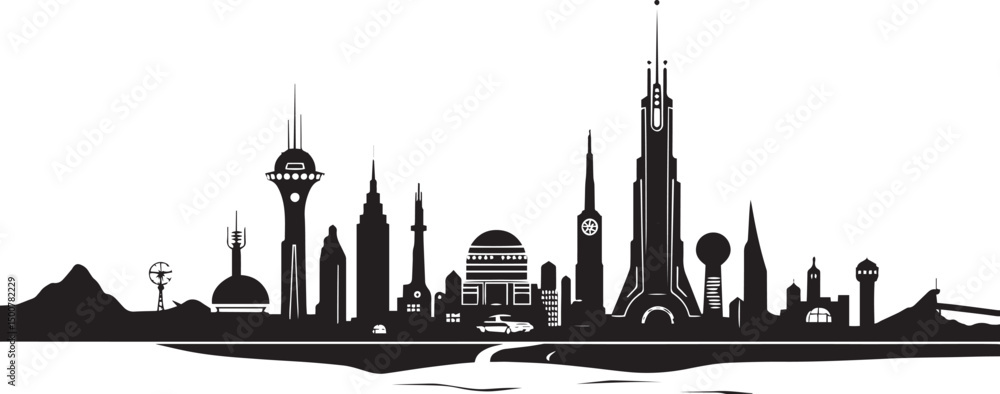 Naklejka premium Futuristic cityscape. Hand drawn vector illustration 