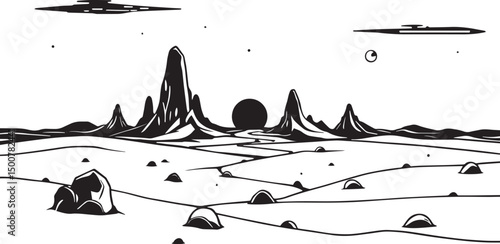 Fantastic landscape on a distant planet, mountains, planets, wastelands, futurism. Hand drawn vector illustration	