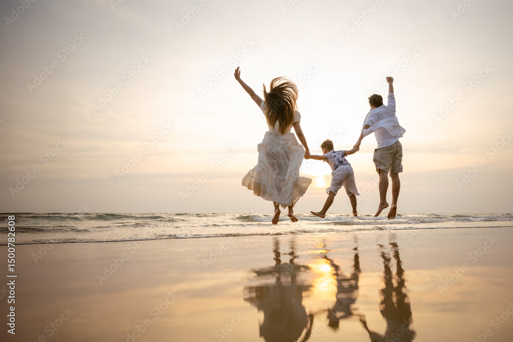 Fototapeta premium Asian family beach vacation. Children parent relax together. People lifestyle.