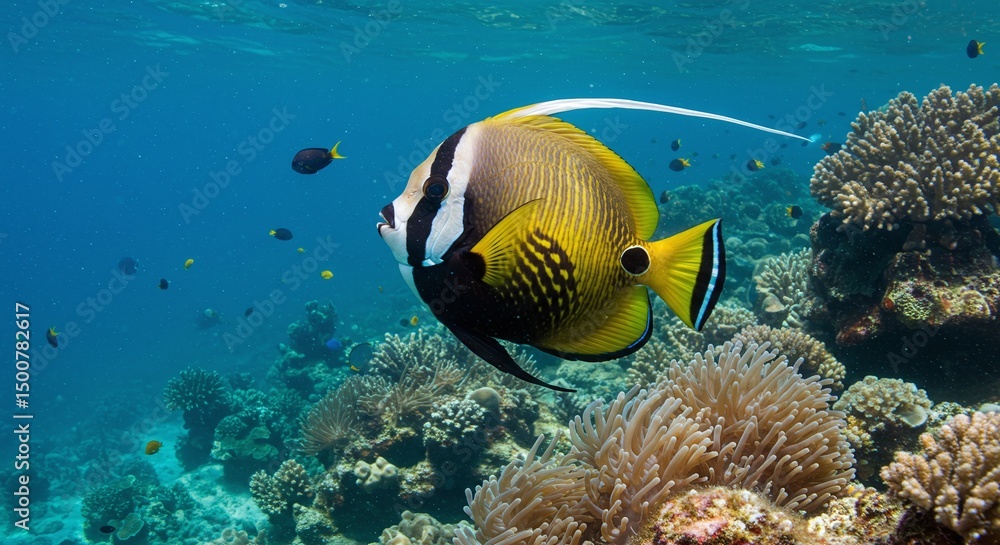 Naklejka premium Yellow Longfin Bannerfish with Coral Reef