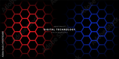 Hexagonal abstract black on blue and red background with light. Hi tech digital connection. high tech. science. modern technology business concept. futuristic background. vector illustration