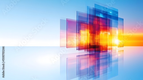 Abstract image of translucent, colorful rectangles layered in a 3D space, reflecting on a calm surface at sunrise