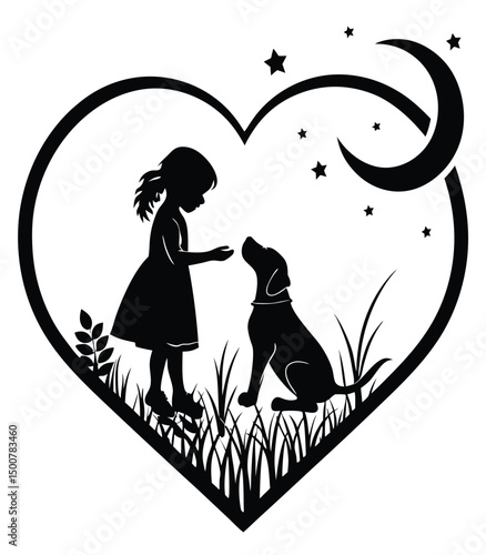 black silhouette of girl and the passing of the dog