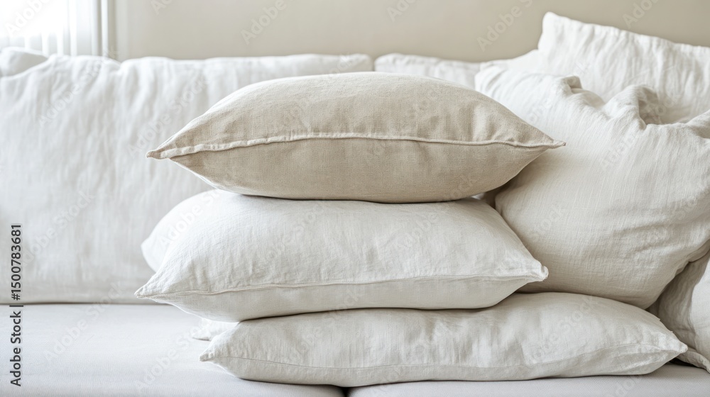 Fototapeta premium Soft linen pillows stacked on a cozy sofa neutral colors home decor