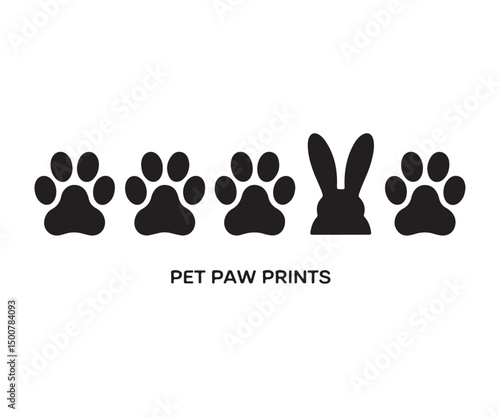 Simple black and white pet paw prints, including rabbit, for design elements.