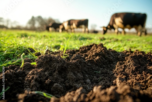 Close-up of fertile soil in a pasture with grazing cows