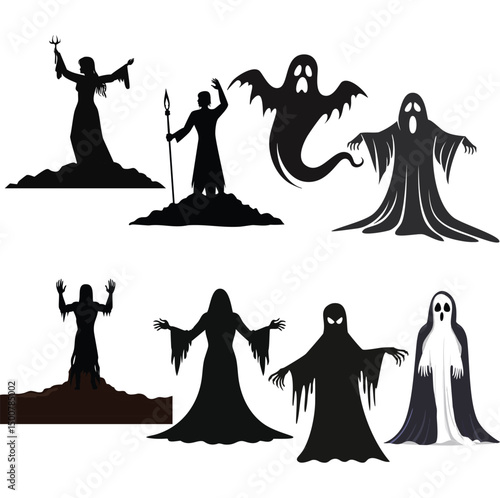 Spooky halloween silhouettes ghosts witches creatures