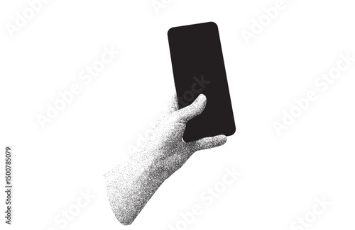 hand with a smartphone. cut out collage element stipple noise hand gesture. Vector illustration in a modern collage style. Empty phone screen for marketing poster design .