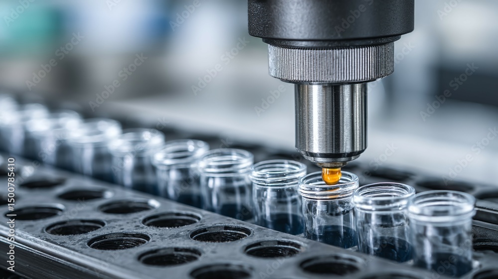 Automated machine fills clear vials in a laboratory setting with selective focus. Automated machine fills clear vials in a laboratory setting with selective focus.