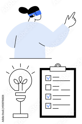Person wearing VR headset pointing towards the future, checklist symbolizing task management, and lightbulb representing innovation. Ideal for technology, education, productivity, creativity