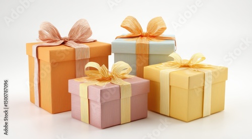 Four pastel-colored gift boxes, adorned with ribbons and bows, arranged in a row against a plain background