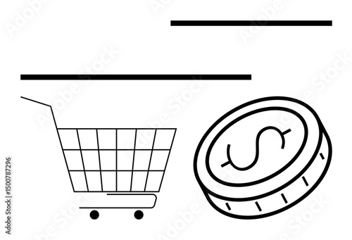 Shopping cart next to a dollar coin symbolizing online shopping, profit, and financial growth. Ideal for e-commerce, business, investment, retail, currency, trade simple landing page