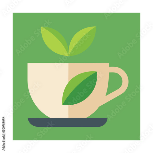 Simple illustration of tea cup with green leaves on a green background for wellness