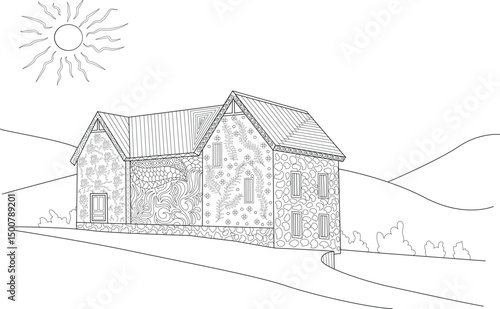 Simple Line Art of a Countryside House with Sun, Black and white line drawing illustration of a traditional house nestled in a rural landscape with hills and bushes, under a shining sun. Ideal for 