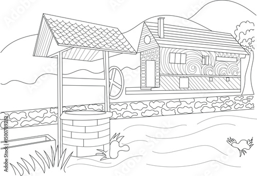 Countryside House and Well Line Art, Simple black and white line drawing illustrating a peaceful countryside scene with a traditional house, a well, and basic landscaping. Ideal for coloring books, 