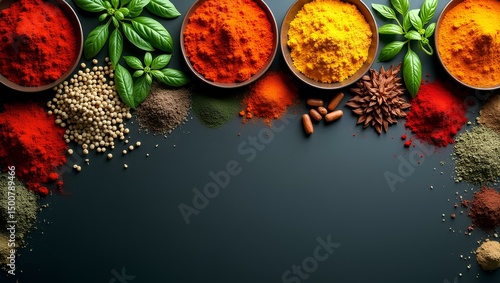 A Symphony of Spices: A collection of vibrant spices, herbs, and seeds in metal bowls artfully arranged, creating a visually stunning and aromatic composition against a dark backdrop.