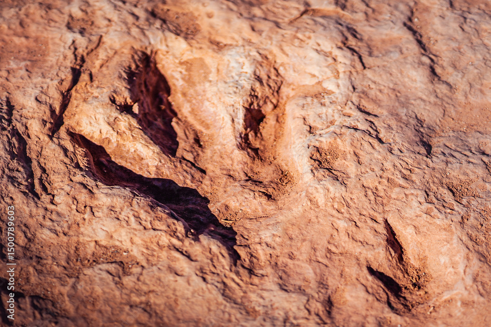 Fototapeta premium Close view of fossilized dinosaur footprint in sandstone