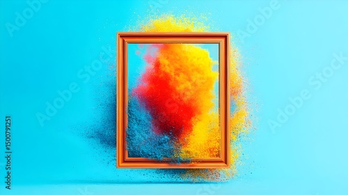 Orange frame contains vibrant red, yellow, and blue powder explosion against a light blue background
