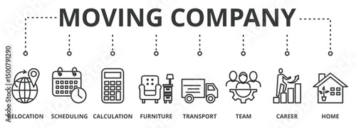 Moving Company banner vector illustration concept with icon of relocation, scheduling, calculation, furniture, transport, team, career and home