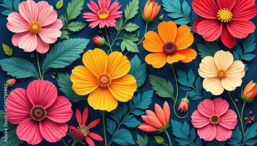 Bold stylized floral motifs arranged in a square grid , floral pattern, botanical Bold stylized floral motifs arranged in a square grid , floral pattern, botanical