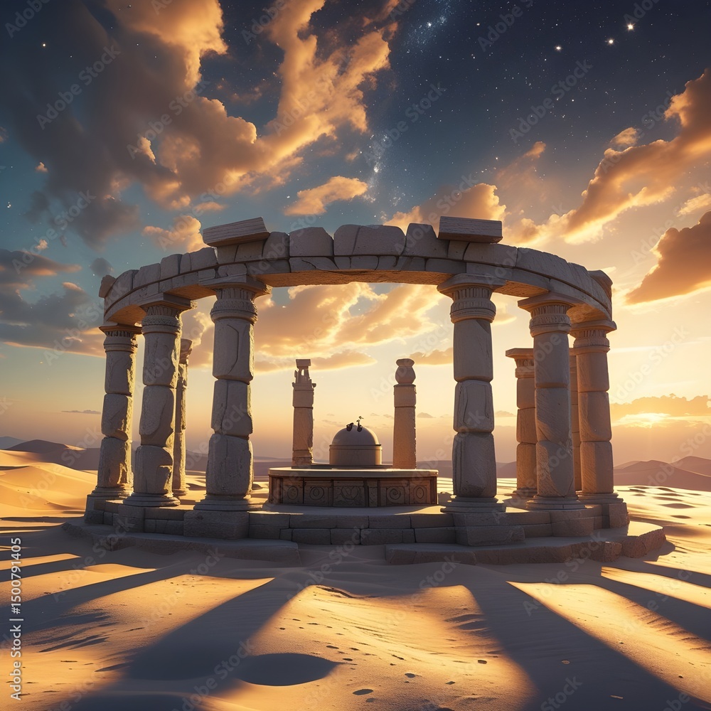 Fototapeta premium A realistic, historically inspired scene showing a stone-built ancient astronomical observatory with aligned pillars and carved instruments, under golden sunset light.