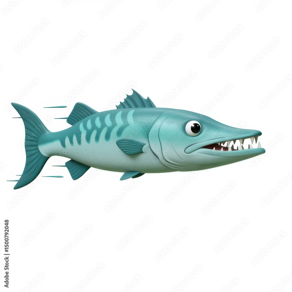Obraz premium A 3D Render of a Cartoon Barracuda Fish Swimming Swiftly, Showing its Sharp Teeth and Dynamic Pose against a White Background