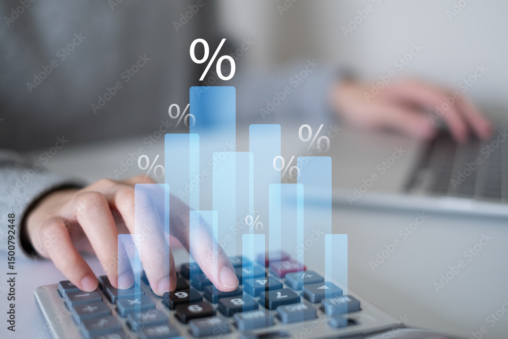 Naklejka premium Businessman person using calculator finance chart graph investment document in office data laptop tax budget concept
