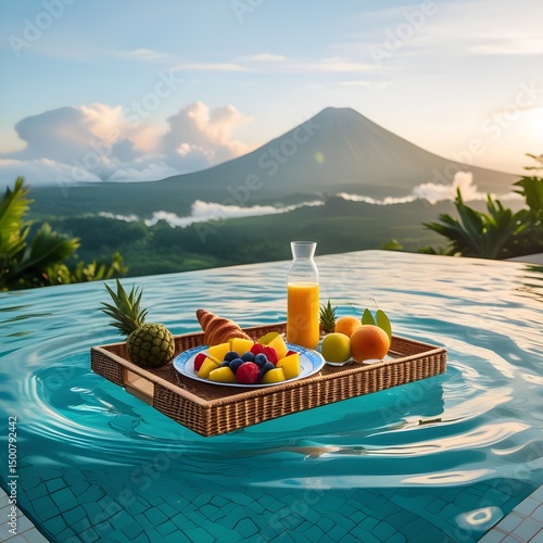 A luxurious and serene morning scene of a floating breakfast tray with tropical fruits, croissants, and juice served on a wicker tray in a crystal-clear infinity pool.