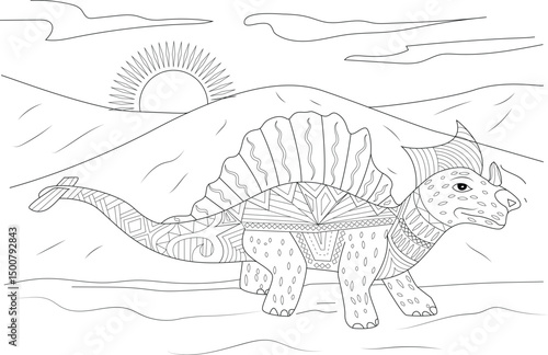 Intricate Spinosaurus Dinosaur Line Art for Coloring, A detailed black and white line art illustration of a Spinosaurus dinosaur with decorative patterns, set in a simple prehistoric landscape with 