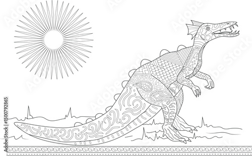 Detailed Stylized Dinosaur Coloring Page, Black and white line art illustration of a patterned dinosaur in a prehistoric landscape, perfect for adult and kids coloring books, relaxation, and 