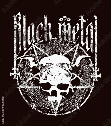 Vector illustration with horned human skull, pentagram, inverted crosses and gothic font. Inscription Black metal.Symbol of Satanism. Design for t-shirt, poster, banner, record cover in grunge style. 