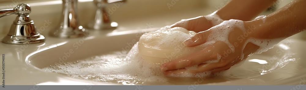 Fototapeta premium Hands washing soap in bathroom sink