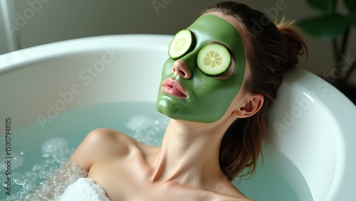 Serene Spa Day: A woman enjoys a relaxing spa experience, reclining in a bathtub filled with clear water, a facial mask, and cucumber slices over her eyes