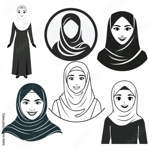 Muslim women in hijab diverse styles vector illustrations