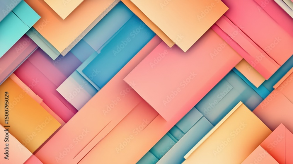 Abstract background with pastel colored rectangles overlapping in a layered design. The image features soft lighting and a variety of warm and cool hues creating a tranquil, modern aesthetic. Abstract background with pastel colored rectangles overlapping in a layered design. The image features soft lighting and a variety of warm and cool hues creating a tranquil, modern aesthetic.