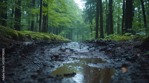 Low angle view of a muddy puddle on a dirt path winding through a lush, green temperate forest after rain