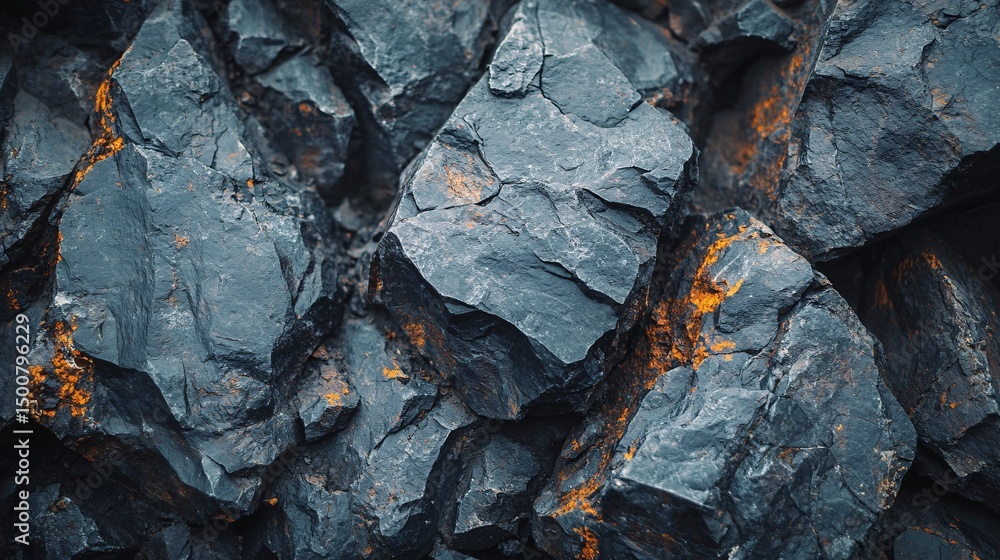 Fototapeta premium Textured surface of dark fractured stones with rust-colored accents, showcasing a raw and abstract natural geology background