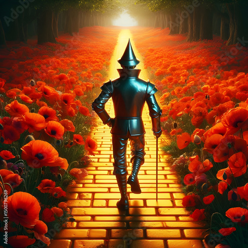 Tinman Walking Away on Yellow Brick Road Paved with Red Poppies – Fantasy Character Illustration