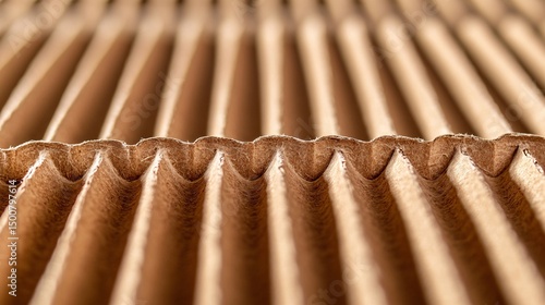 Cardboard surface macro with corrugation lines, warehouse background