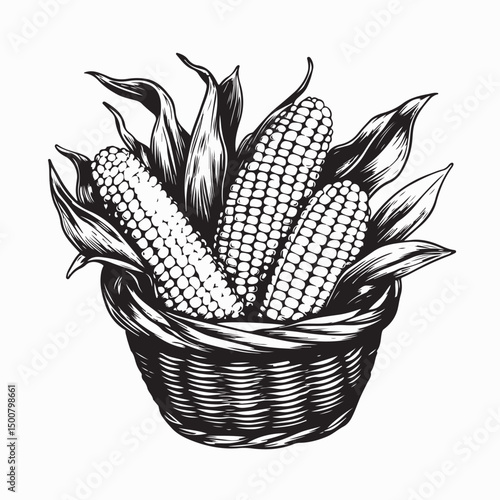 Fresh Corn In A Basket Image vector isolated on white background.