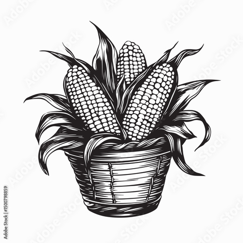 Basket of Freshly Harvested Ripe Corn with Leaves Image vector isolated on white background.
