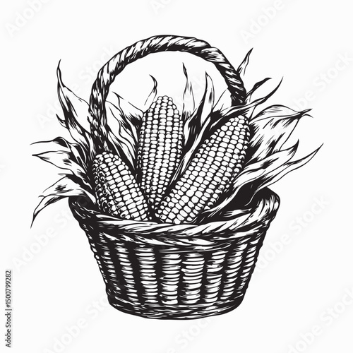 Basket of Freshly Harvested Ripe Corn with Leaves Image vector isolated on white background.