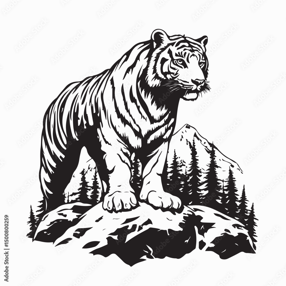 Obraz premium Bengal Tiger Standing Proud Against a Backdrop of Mountains Image Vector.